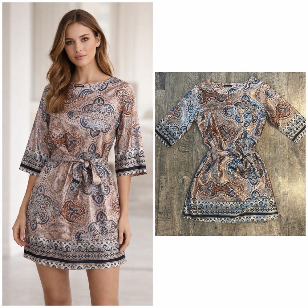 Made in Italy Boho Paisley Belted Mini Dress 3/4 Sleeve Size M